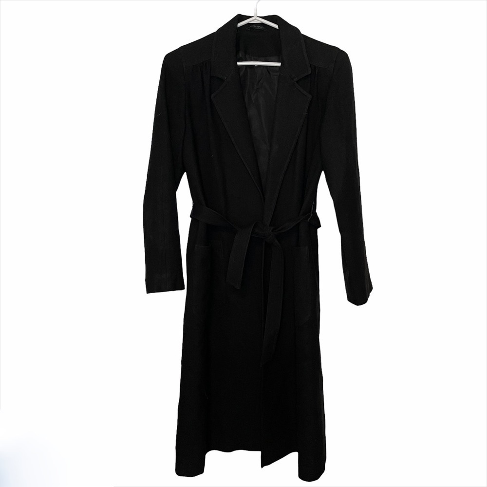 MARIE France Beautiful Long Black Classic Trench Tie Coat small